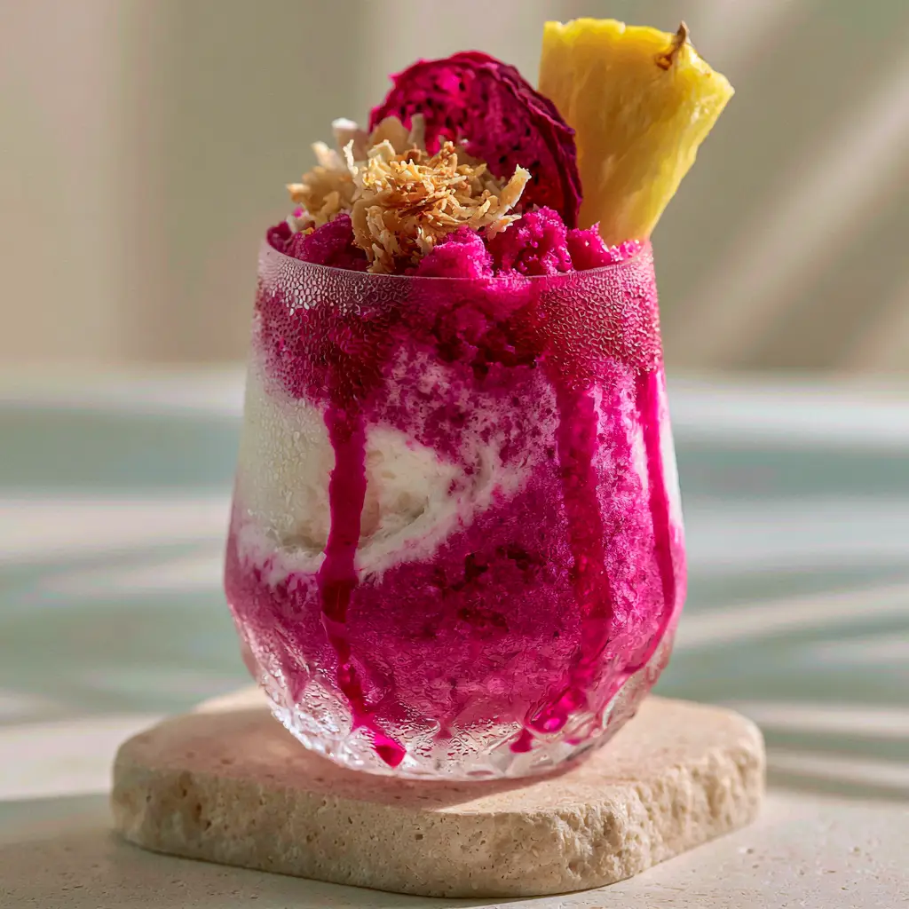 Dragon Fruit Colada: The Ultimate Vibrant Pink Pitaya Escape 1 A Dragon Fruit Colada sitting on a beige stone coaster with toasted coconut flakes and a dehydrated dragon fruit slice on top.