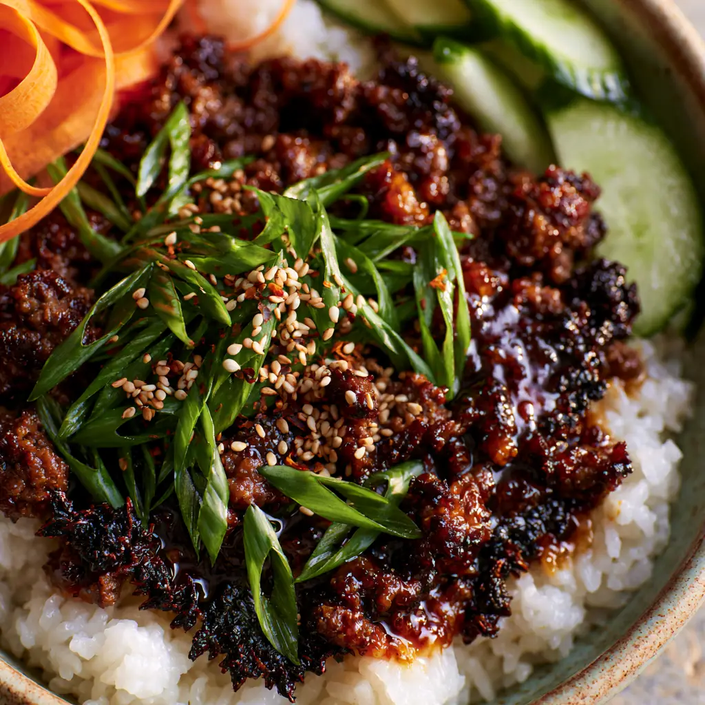 Korean Beef Bowls with Crispy Caramelized Edges and Ginger Glaze 2 A close-up of Korean beef bowls showing the texture of the jagged dark-brown edges and the glossy dark soy glaze.