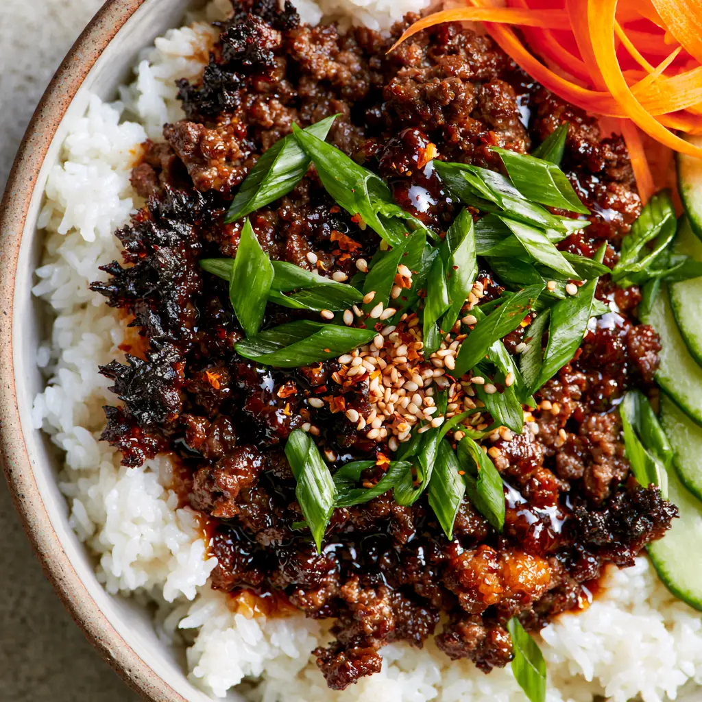Korean Beef Bowls with Crispy Caramelized Edges and Ginger Glaze 1 Full ceramic bowl of Korean beef bowls with julienned carrots, cucumber slices, and fluffy jasmine rice.