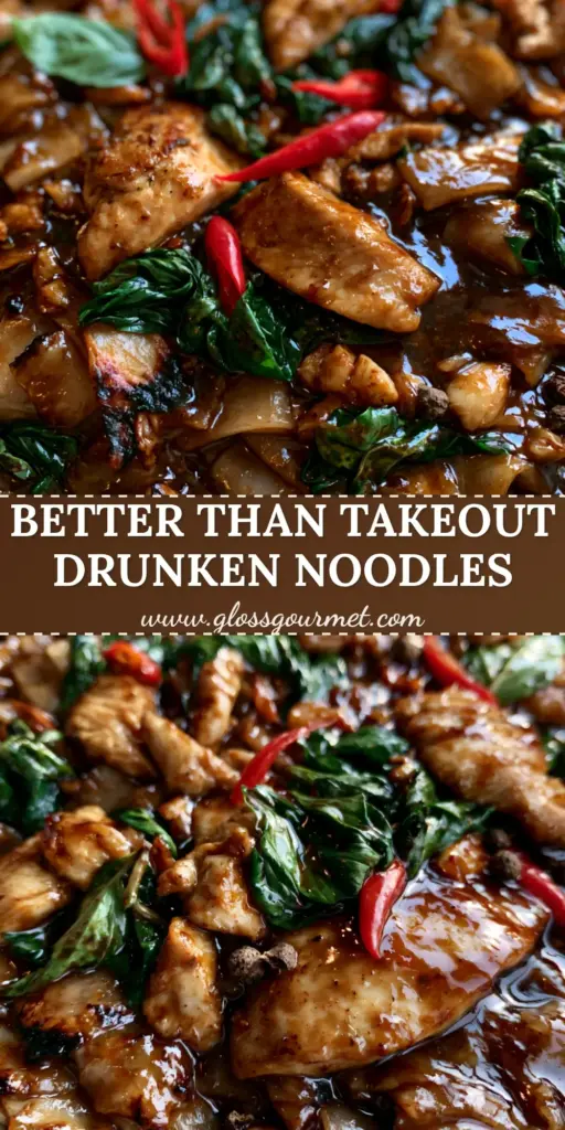 Pad Kee Mao: The Ultimate Guide to Smoky, Charred Drunken Noodles 4 A close-up of Pad Kee Mao showing charred wide rice noodles and seared chicken in a dark glossy sauce.