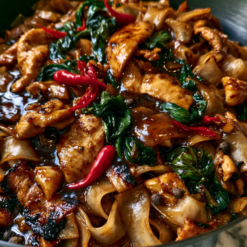 Pad Kee Mao: The Ultimate Guide to Smoky, Charred Drunken Noodles 2 Close-up of wide rice noodles with charred edges and red bird's eye chilies in Pad Kee Mao.