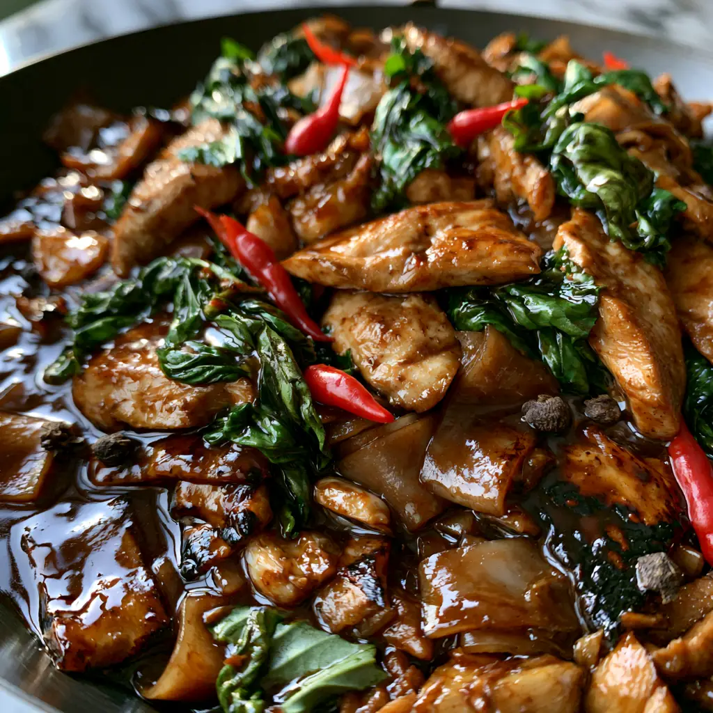 Pad Kee Mao: The Ultimate Guide to Smoky, Charred Drunken Noodles 1 A silver fork lifting glossy Pad Kee Mao noodles with seared chicken and wilted basil.