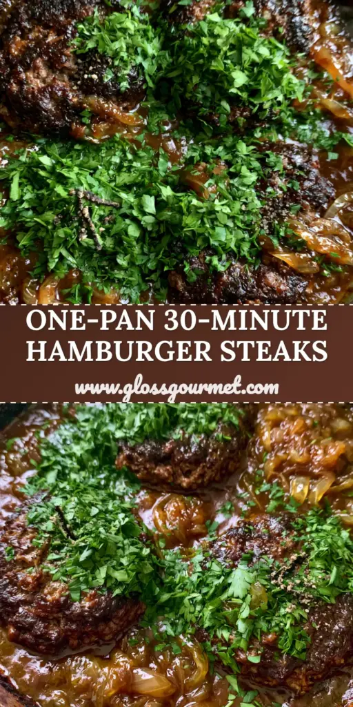 Hamburger Steaks with Rich Mahogany Onion Gravy and Charred Cast Iron Edges 4 A top-down view of three hamburger steaks in a cast iron skillet smothered in glossy mahogany onion gravy and garnished with parsley.