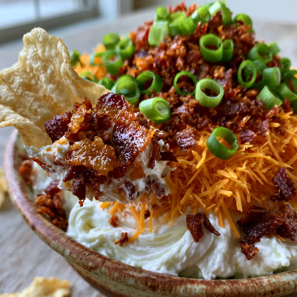 Chip Dip with Loaded Bacon and Sharp Cheddar (The Ultimate Party Appetizer) 2 High-angle shot of a rustic ceramic bowl filled with velvety white chip dip, orange cheddar, and golden bacon crumbles.