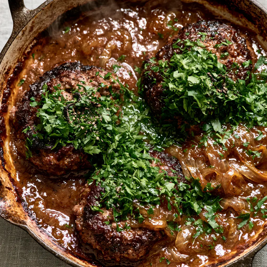 Hamburger Steaks with Rich Mahogany Onion Gravy and Charred Cast Iron Edges 2 Close-up of thick seared hamburger steaks with dark brown caramelized edges in a glossy gravy with onion slivers.