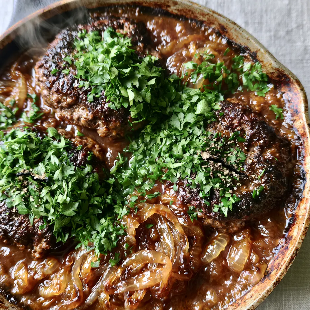 Hamburger Steaks with Rich Mahogany Onion Gravy and Charred Cast Iron Edges 1 Top-down view of a cast iron skillet featuring hamburger steaks and translucent golden onions garnished with parsley.