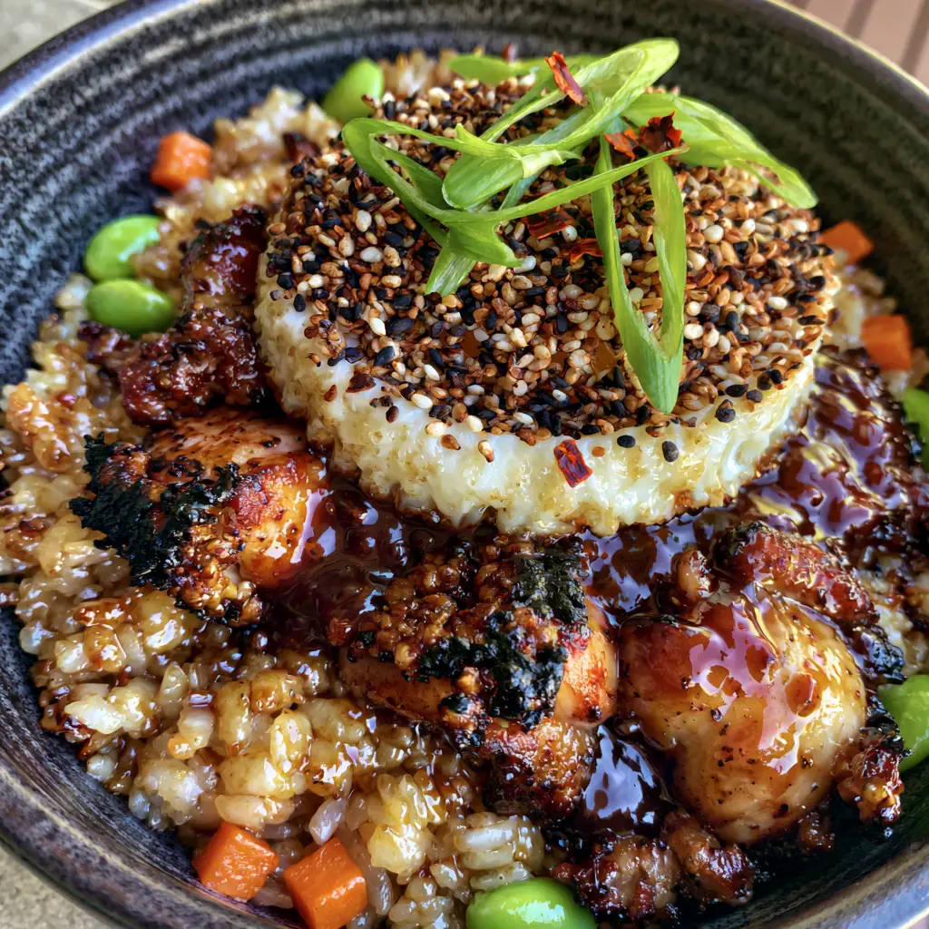 Japanese BBQ Chicken Fried Rice with Caramelized Umami Glaze 2 Top-down macro shot of Japanese BBQ chicken fried rice showing fluffy rice grains and golden egg bits.