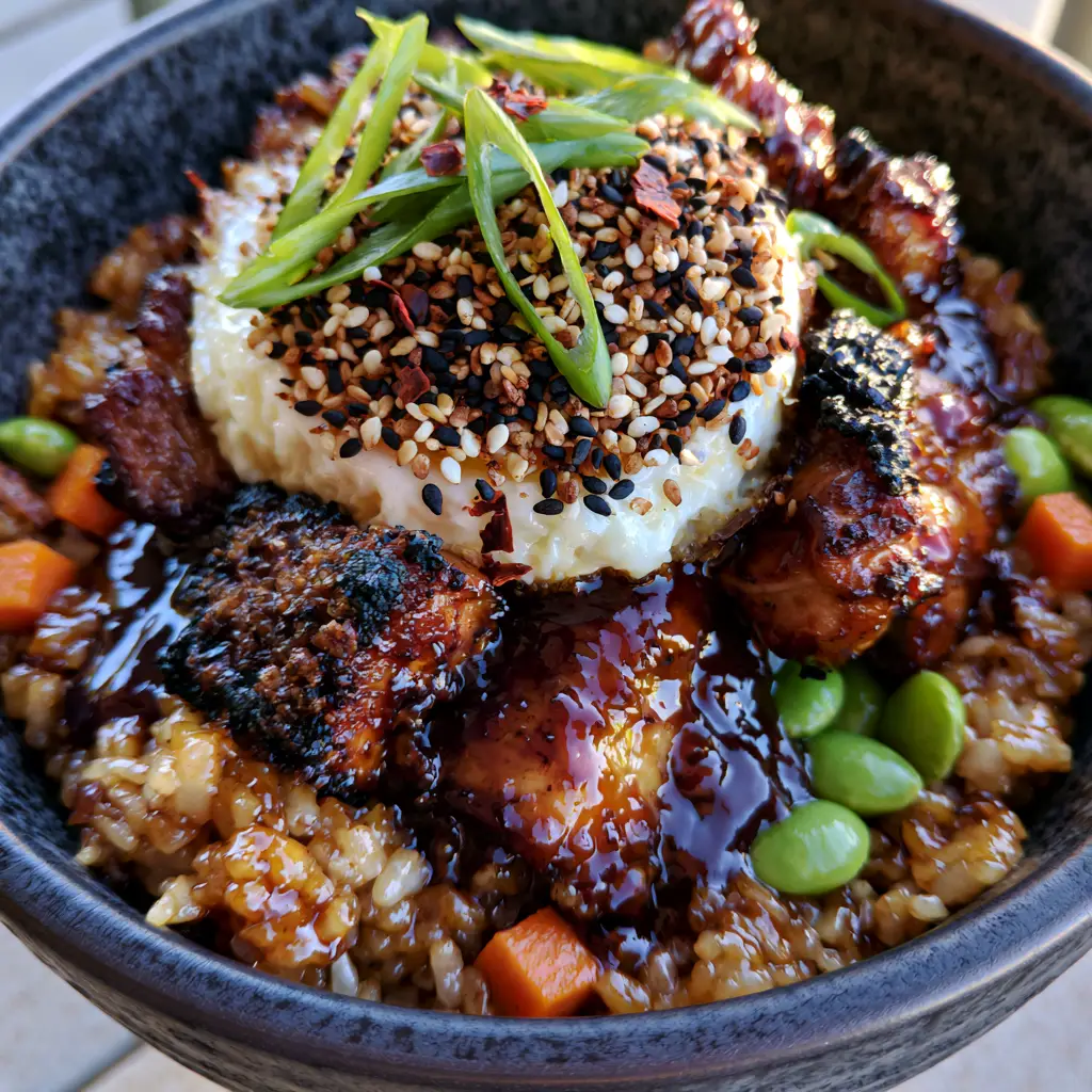 Japanese BBQ Chicken Fried Rice with Caramelized Umami Glaze 1 Macro view of charred chicken thighs coated in a dark umami glaze in a bowl of fried rice.