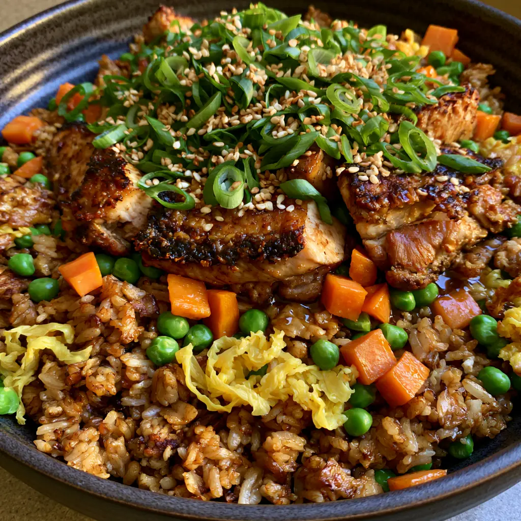 Chicken Fried Rice with Seared Golden Chicken and Toasted Jasmine Grains 2 Close-up of seared chicken breast cubes and toasted jasmine rice grains for Chicken Fried Rice.