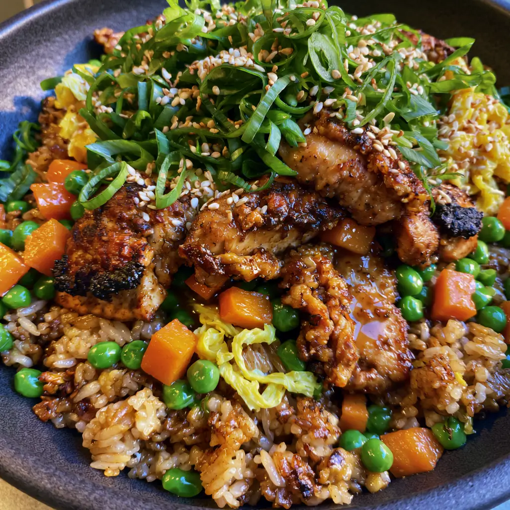 Chicken Fried Rice with Seared Golden Chicken and Toasted Jasmine Grains 1 Healthy Chicken Fried Rice finished with scallions and sesame seeds in a matte stoneware bowl.