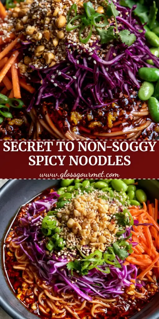 Spicy Asian Noodle Salad with Crimson Szechuan Chili Oil 3 A handheld photo of a spicy Asian noodle salad in a charcoal bowl featuring crimson Szechuan chili oil, purple cabbage, and edamame.