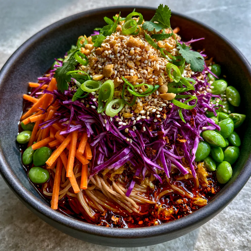 Spicy Asian Noodle Salad with Crimson Szechuan Chili Oil 2 Close up of springy wheat noodles drenched in glossy crimson Szechuan chili oil with toasted flakes. (spicy Asian noodle salad)