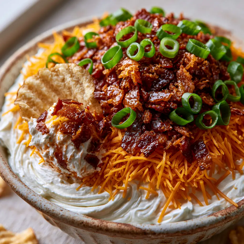 Chip Dip with Loaded Bacon and Sharp Cheddar (The Ultimate Party Appetizer) 1 Close-up of freshly sliced green onions and shredded cheddar cheese on top of a thick cream cheese chip dip.