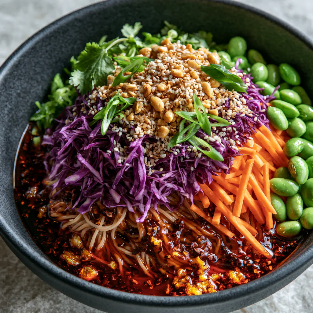 Spicy Asian Noodle Salad with Crimson Szechuan Chili Oil 1 Vibrant layers of purple cabbage, matchstick carrots, and emerald edamame on top of a spicy Asian noodle salad.