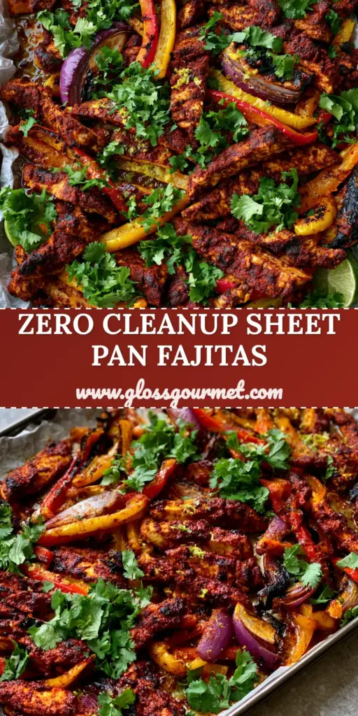 Sheet Pan Chicken Fajitas with Smoky Paprika and Charred Peppers 4 A sizzling sheet pan of Chicken Fajitas with charred red and yellow peppers, dark red smoky chicken strips, and fresh cilantro garnish. (Sheet Pan Chicken Fajitas)