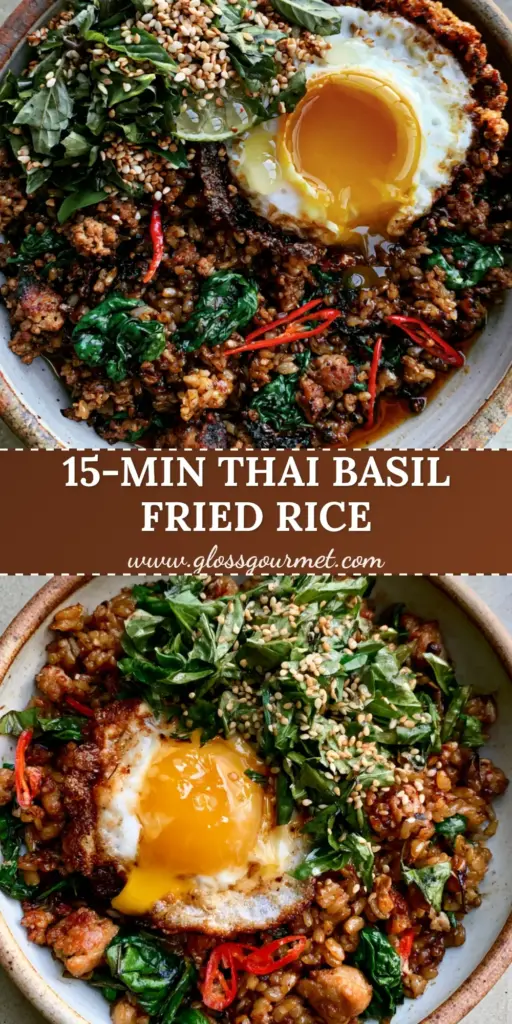 Thai Basil Chicken Fried Rice: The Ultimate Wok-Seared Umami Guide 4 A close-up handheld shot of Thai basil chicken fried rice in a carbon steel wok with glossy jasmine rice, seared chicken, and wilted basil.