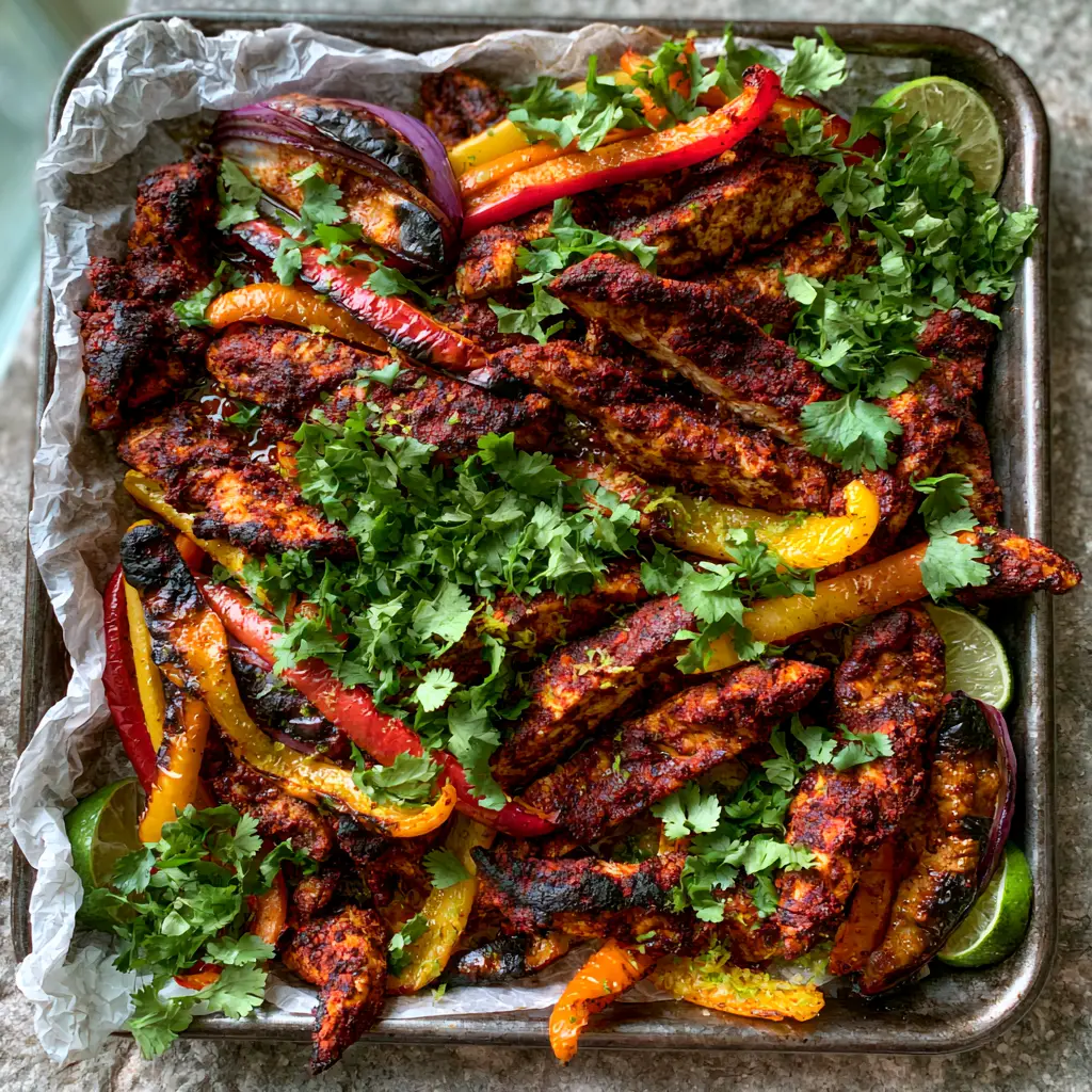 Sheet Pan Chicken Fajitas with Smoky Paprika and Charred Peppers 2 Top-down view of charred chicken fajitas on a dark metallic pan with crumpled parchment paper. (Sheet Pan Chicken Fajitas)