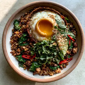 Top-down view of glossy jasmine rice grains and seared golden chicken pieces in a rustic bowl.