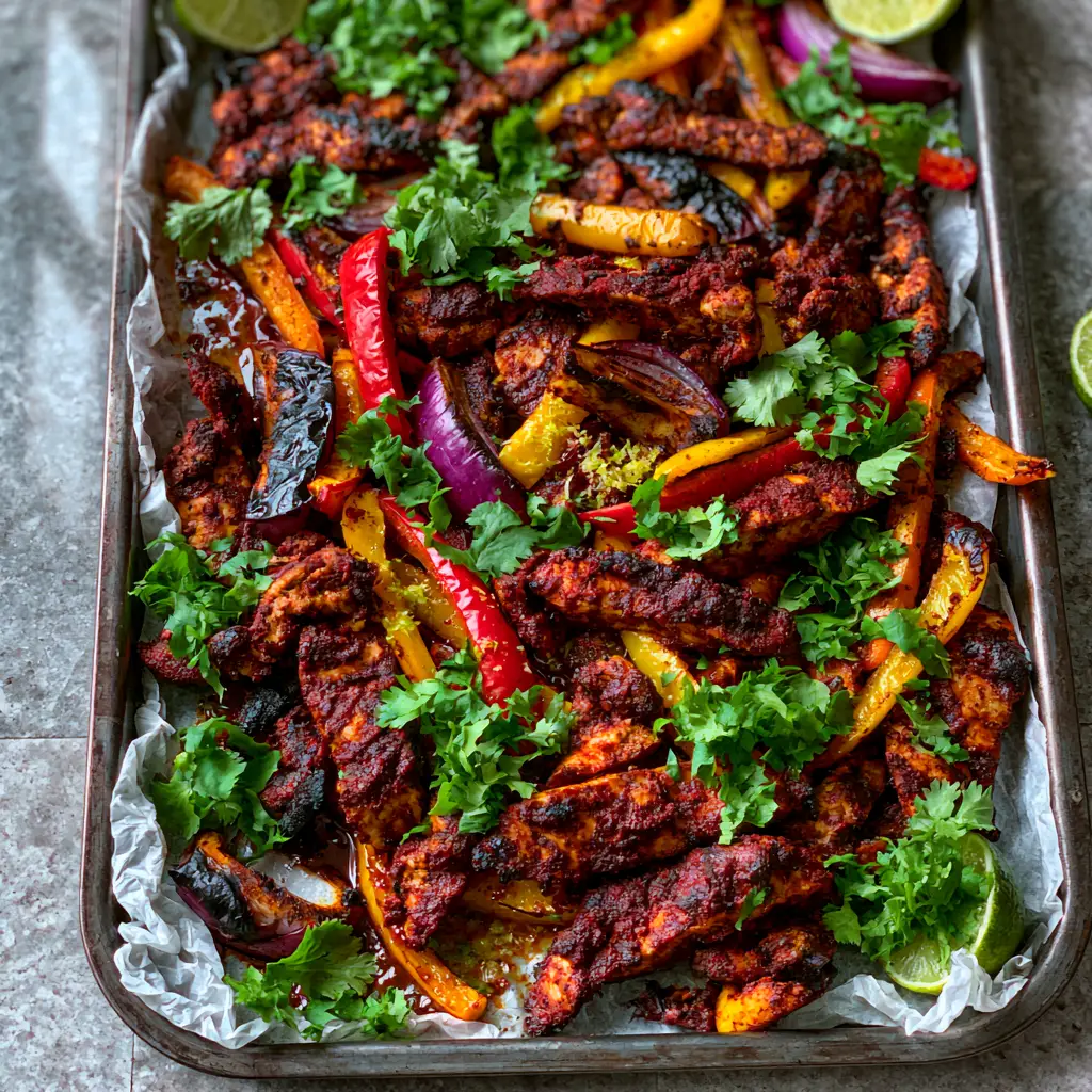 Sheet Pan Chicken Fajitas with Smoky Paprika and Charred Peppers 1 Close up of juicy chicken strips coated in a smoky spice rub next to roasted red onion and cilantro. (Sheet Pan Chicken Fajitas)
