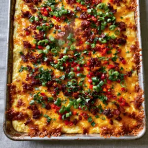 A rustic silver sheet pan filled with fluffy yellow egg bake, topped with mahogany bacon crumbles and red peppers. (team breakfast recipes)
