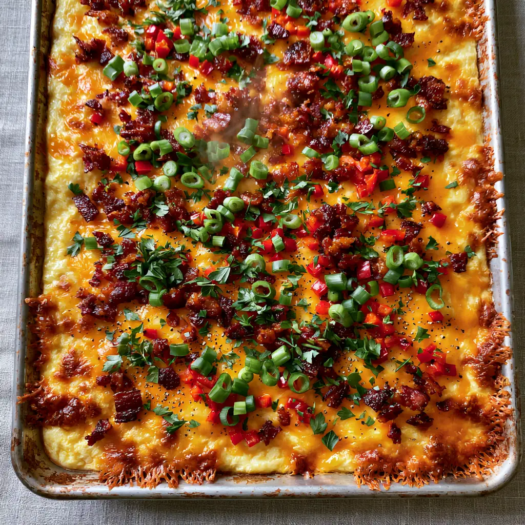 Team Breakfast Recipes: The Ultimate Sheet Pan Egg Bake with Crispy Mahogany Bacon 2 A rustic silver sheet pan filled with fluffy yellow egg bake, topped with mahogany bacon crumbles and red peppers. (team breakfast recipes)
