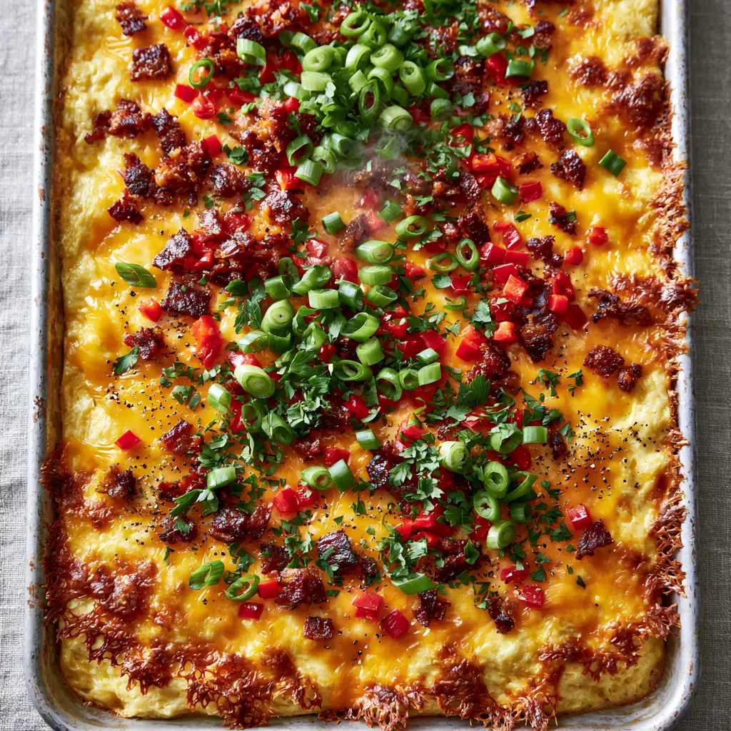 Team Breakfast Recipes: The Ultimate Sheet Pan Egg Bake with Crispy Mahogany Bacon 1 Close up of melted bubbling sharp cheddar with crispy lacey edges on a sheet pan egg bake. (team breakfast recipes)