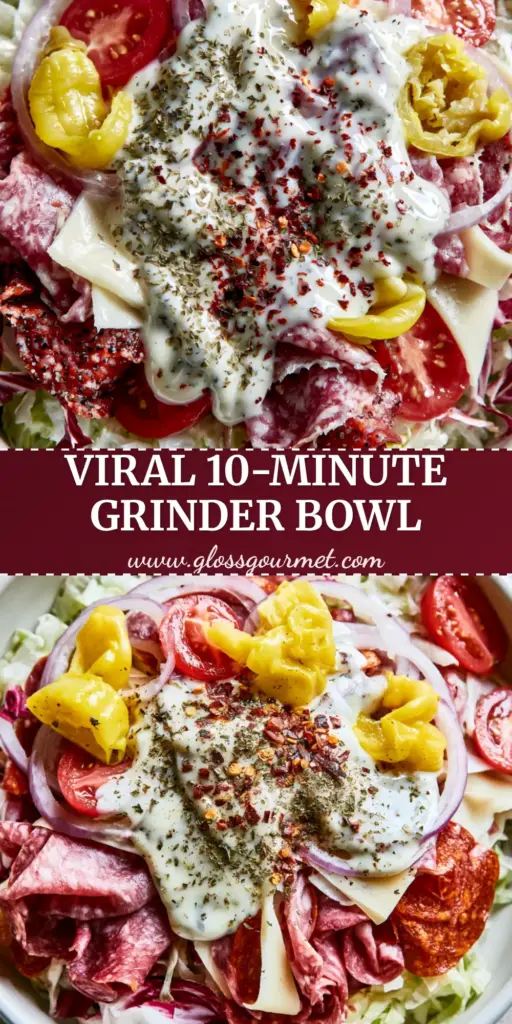 Grinder Salad: The Viral Italian Deli Bowl You Need Today 4 A top-down macro shot of the viral Grinder Salad featuring shredded iceberg, Genoa salami ribbons, and creamy dressing in a white bowl. (Grinder Salad)