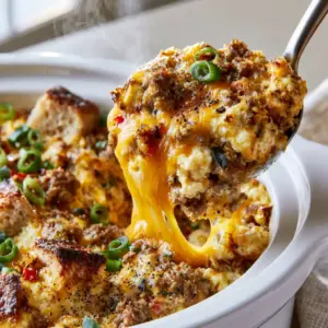 Close-up of fluffy eggs, browned sausage, and melted cheddar in a slow cooker. (overnight crockpot breakfast recipes)