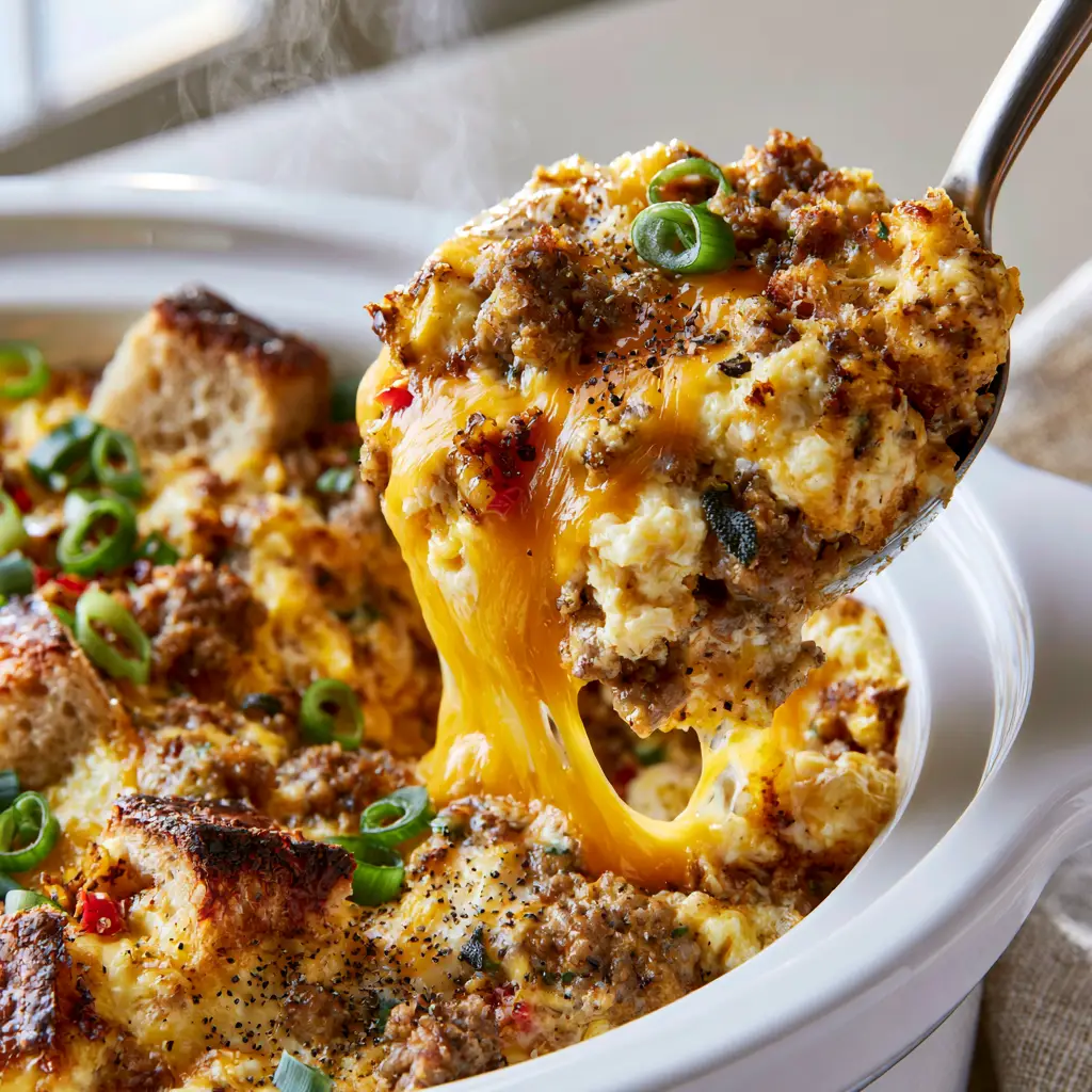 Overnight Crockpot Breakfast Recipes: The Ultimate Sausage and Sourdough Casserole 2 Close-up of fluffy eggs, browned sausage, and melted cheddar in a slow cooker. (overnight crockpot breakfast recipes)