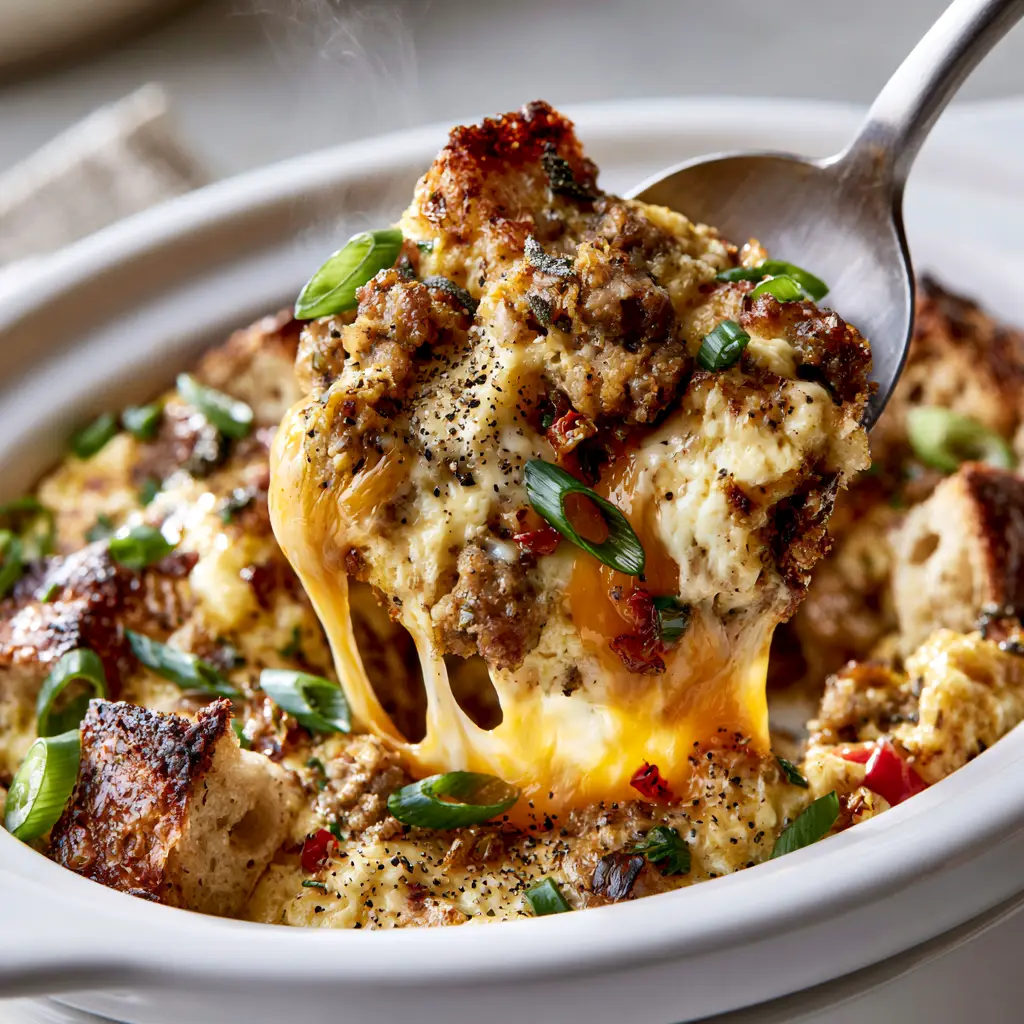 Overnight Crockpot Breakfast Recipes: The Ultimate Sausage and Sourdough Casserole 1 A metal spoon lifting a portion of breakfast casserole showing a stretchy cheese pull and steam.