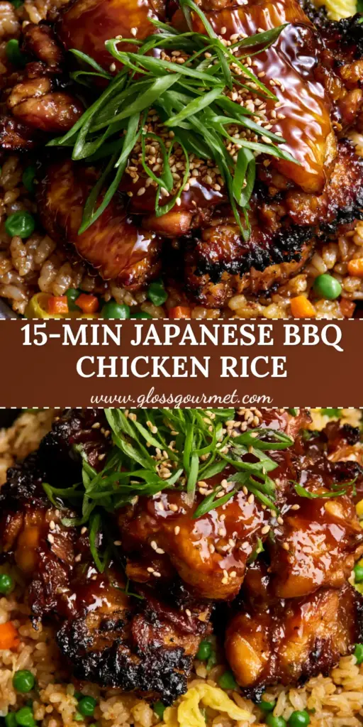 Japanese BBQ Chicken Fried Rice: The Ultimate Glossy Umami Stir-Fry 4 A close-up of japanese bbq chicken fried rice featuring succulent glazed chicken chunks, bright green peas, and sesame seeds in a black bowl.