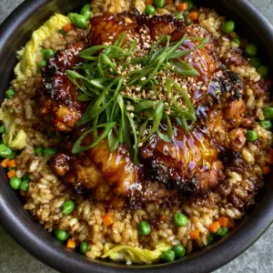 Top-down macro shot of japanese bbq chicken fried rice in a matte black bowl with charred chicken and golden rice.