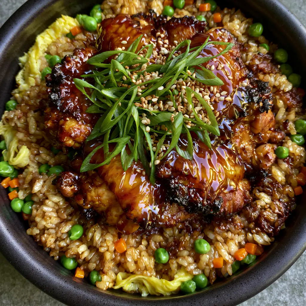 Japanese BBQ Chicken Fried Rice: The Ultimate Glossy Umami Stir-Fry 2 Top-down macro shot of japanese bbq chicken fried rice in a matte black bowl with charred chicken and golden rice.