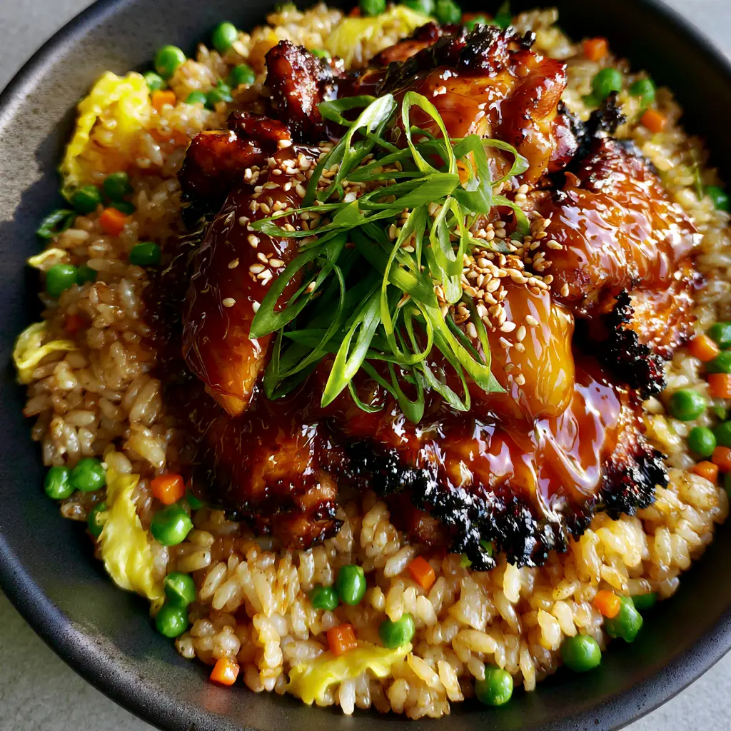 Japanese BBQ Chicken Fried Rice: The Ultimate Glossy Umami Stir-Fry 1 Close up view of seared chicken thigh chunks coated in glossy amber sauce over japanese bbq chicken fried rice.
