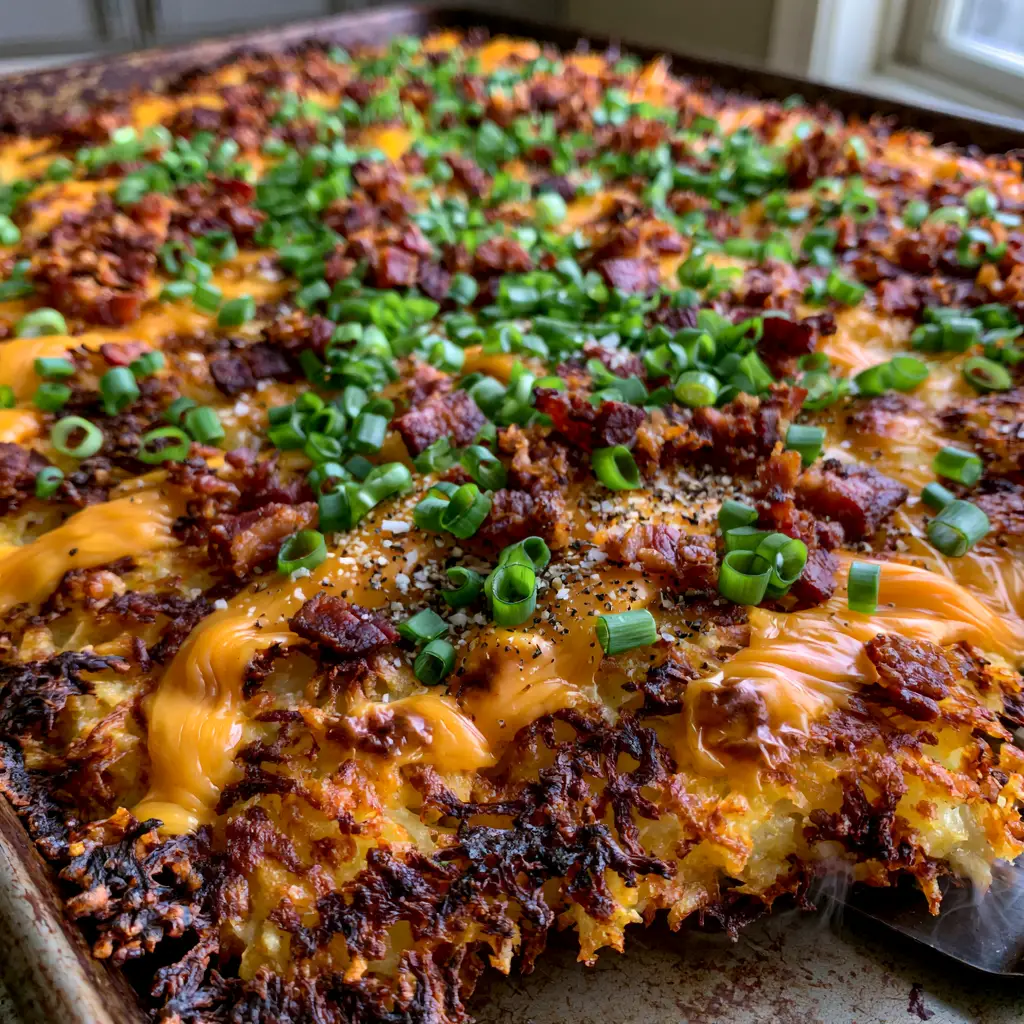 Loaded Hash Browns: The Ultimate Extra Crispy Sheet Pan Recipe 2 Close up of Loaded Hash Browns showing lacy charred edges and bubbled cheddar cheese ribbons.