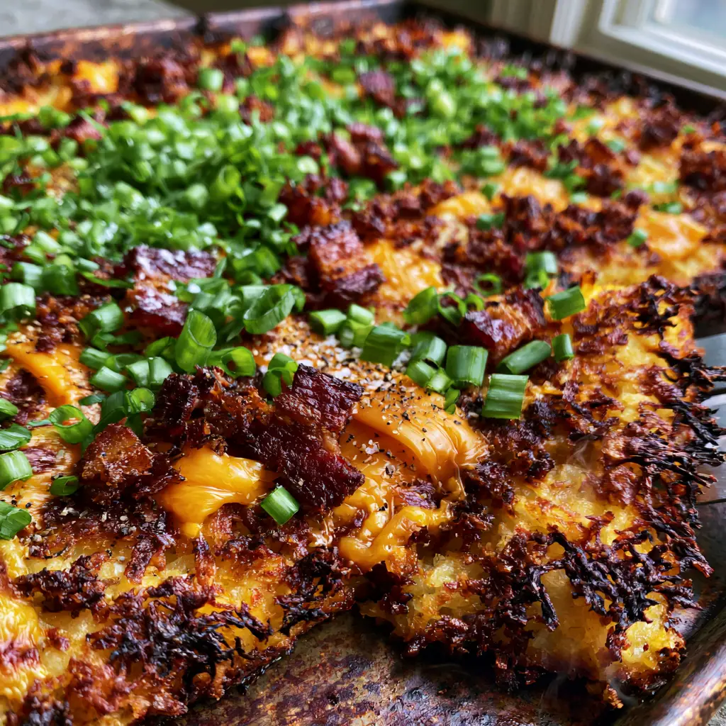 Loaded Hash Browns: The Ultimate Extra Crispy Sheet Pan Recipe 1 A spatula lifting a corner of the loaded hash browns to reveal the steam and crispy bottom crust.