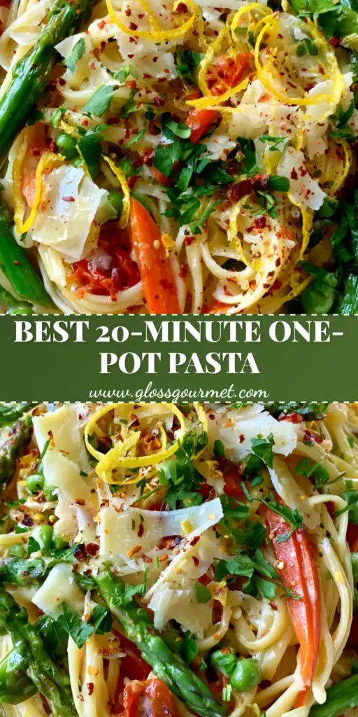 An overhead shot of vibrant Pasta Primavera in a white ceramic bowl with linguine, asparagus, and blistered tomatoes.