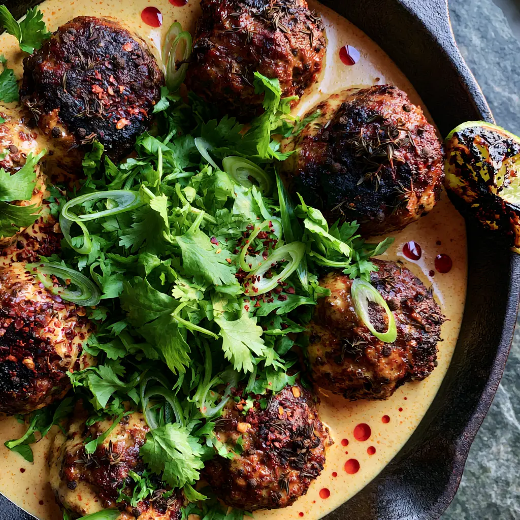 A rustic black cast iron skillet containing jerk-seasoned meatballs, fresh herbs, and a charred lime wedge on a stone background.