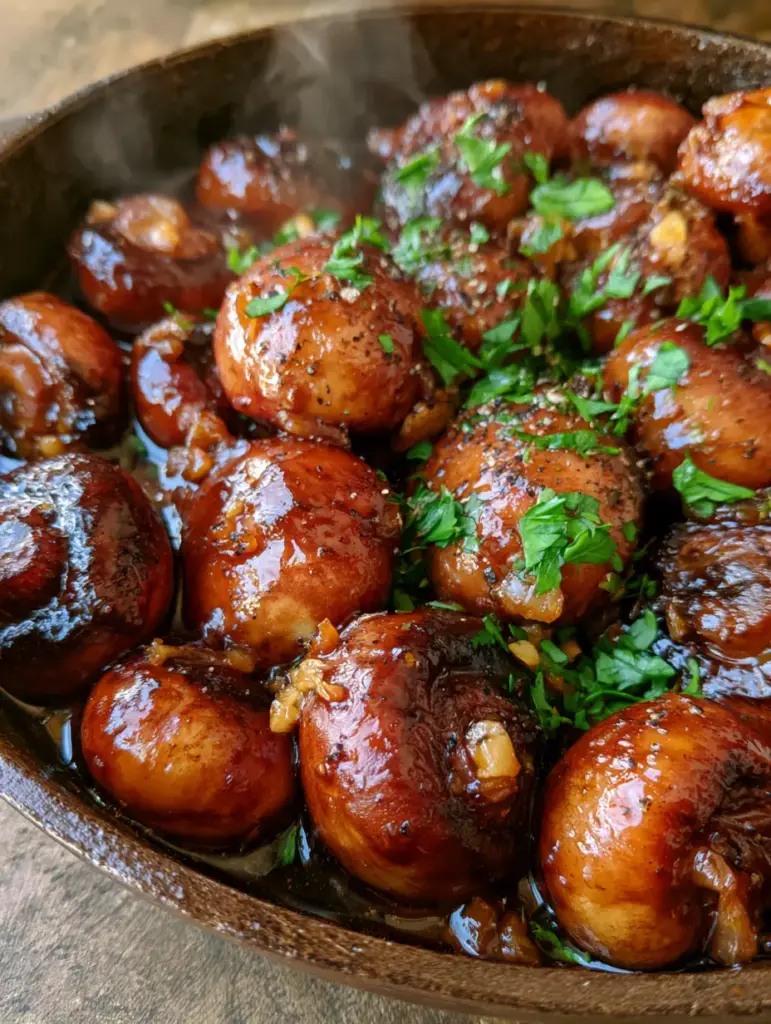 Glossy button mushrooms coated in mahogany glaze with bright green parsley and cracked black pepper.