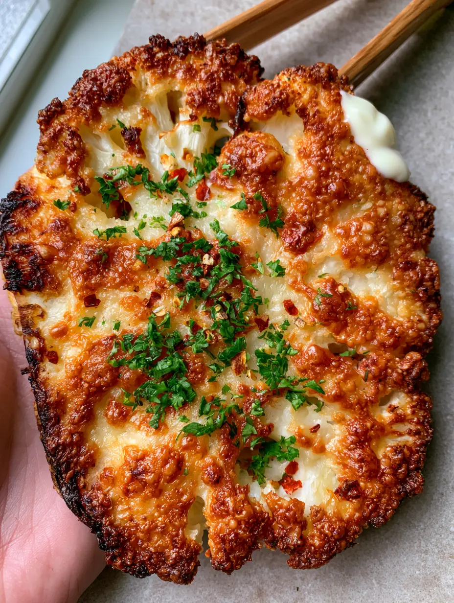 Close-up of a Cauliflower Steak showing the bubbly parmesan crust and tender ivory center against a grey stone background.