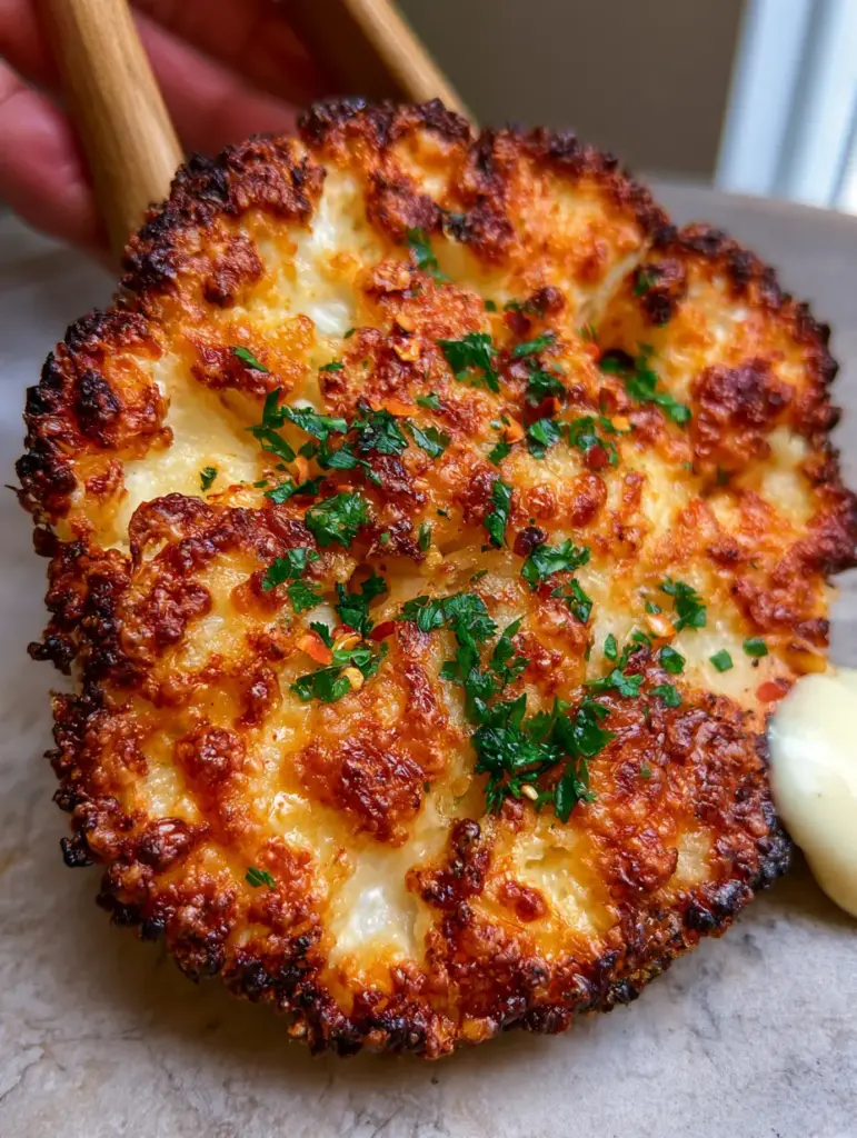 Cauliflower Steaks garnished with minced parsley, red pepper flakes, and a creamy aioli drizzle.