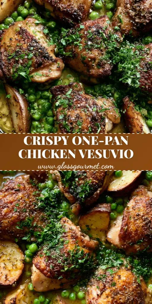 A top-down view of a cast iron skillet with crispy chicken vesuvio, golden potatoes, and green peas. (chicken vesuvio)
