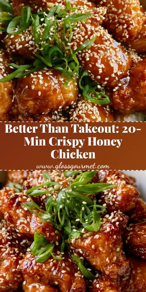 A close-up vertical shot of Crispy Chinese Honey Chicken in a white bowl, featuring bubbling golden glaze, sesame seeds, and green scallions over jasmine rice.