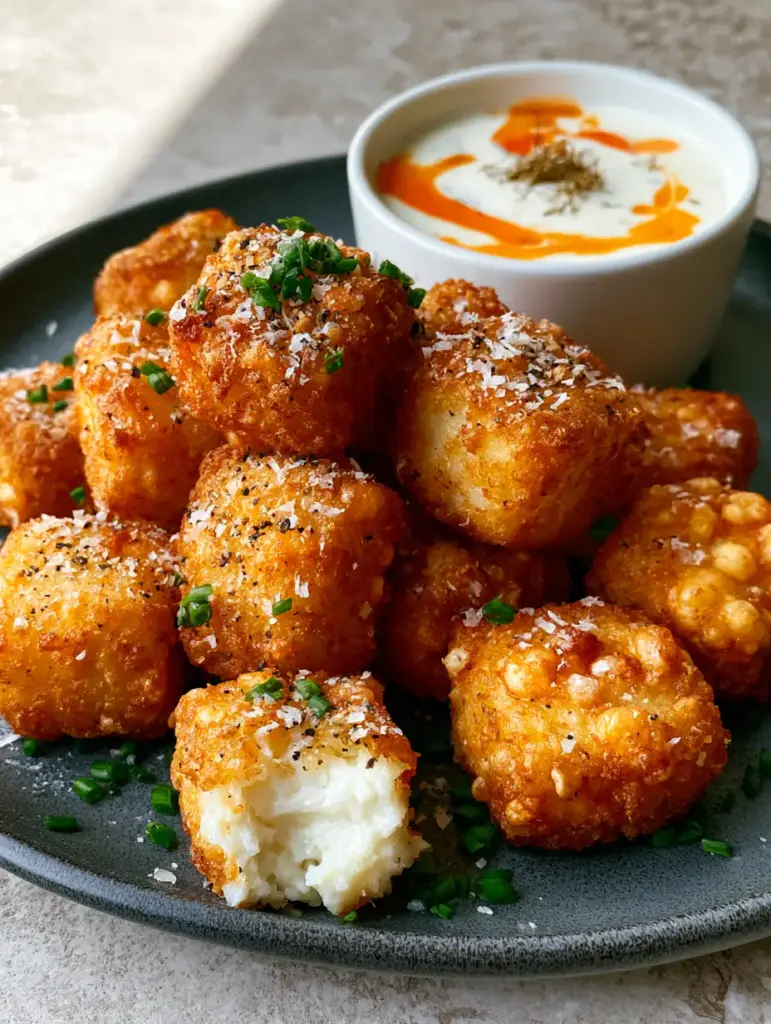 Cottage Cheese Tots: The Ultimate Crispy, High-Protein Air Fryer Snack 2 Close up of Cottage Cheese Tots showing the craggy, ultra-crispy exterior and creamy white interior.