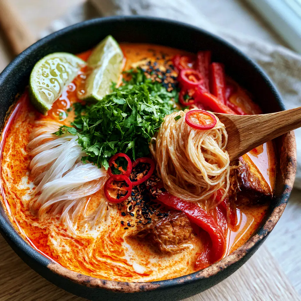 A rustic matte black ceramic bowl filled with Thai red curry noodle soup, featuring julienned red peppers and braised tofu in a sunny kitchen setting.