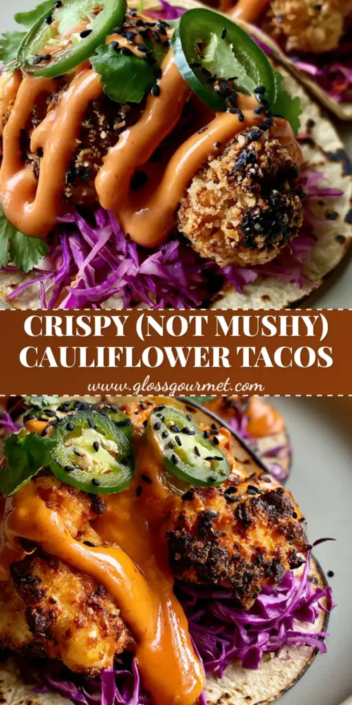 A close-up vertical shot of two gourmet Cauliflower Tacos featuring crispy panko florets, orange crema, and purple cabbage on a minimalist plate.