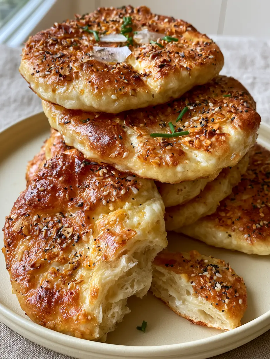 Cottage Cheese Flagels: The Ultimate High-Protein Everything Bagel 3 Overhead view of Cottage Cheese Flagels showing puffed dough and toasted cheese spots. (Cottage Cheese Flagels)