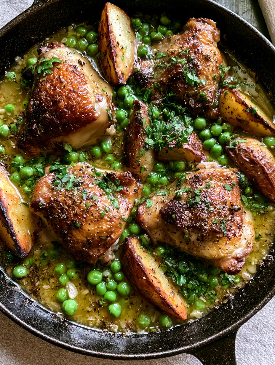 A 45-degree close-up of seared bone-in chicken thighs with shattered-glass crispy skin and roasted potatoes. (chicken vesuvio)