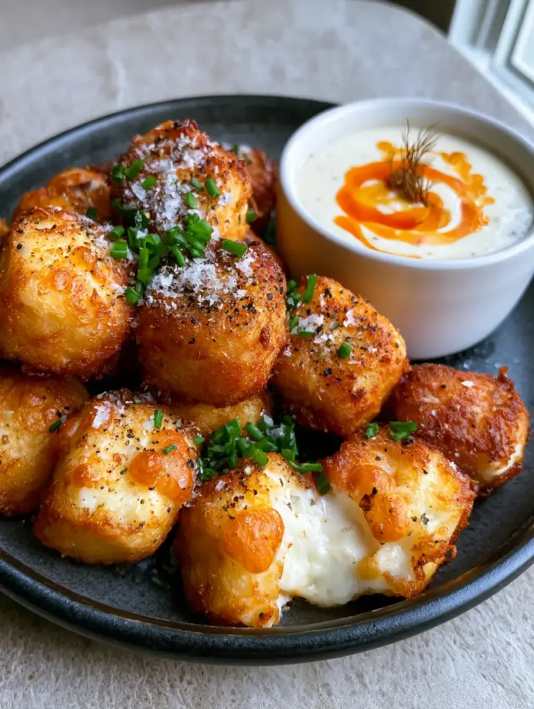 Cottage Cheese Tots: The Ultimate Crispy, High-Protein Air Fryer Snack 1 Cottage Cheese Tots served with a ranch dipping sauce topped with orange chili oil and dried dill.