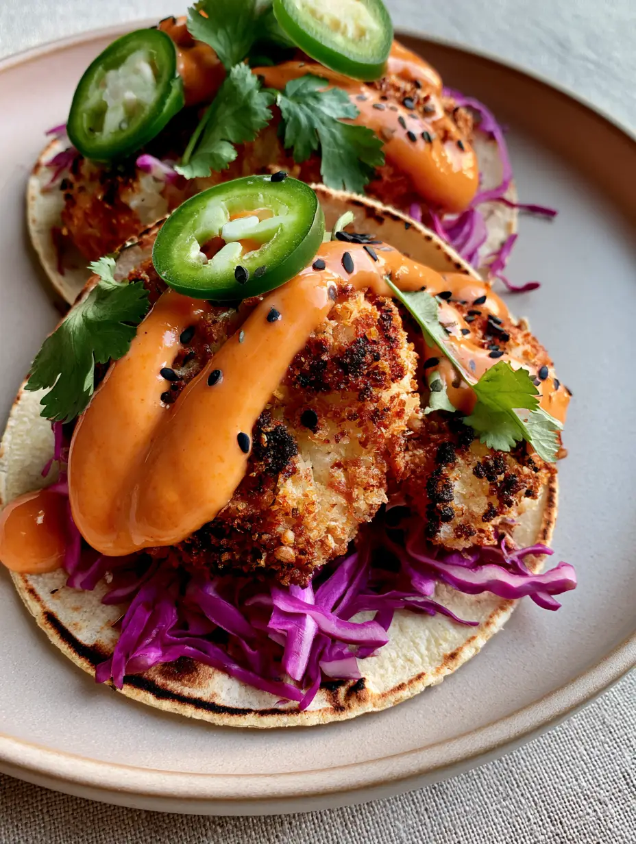 Handheld photo of two Cauliflower Tacos with visible panko texture, orange sauce ribbons, and charred corn tortillas. (Cauliflower Tacos)